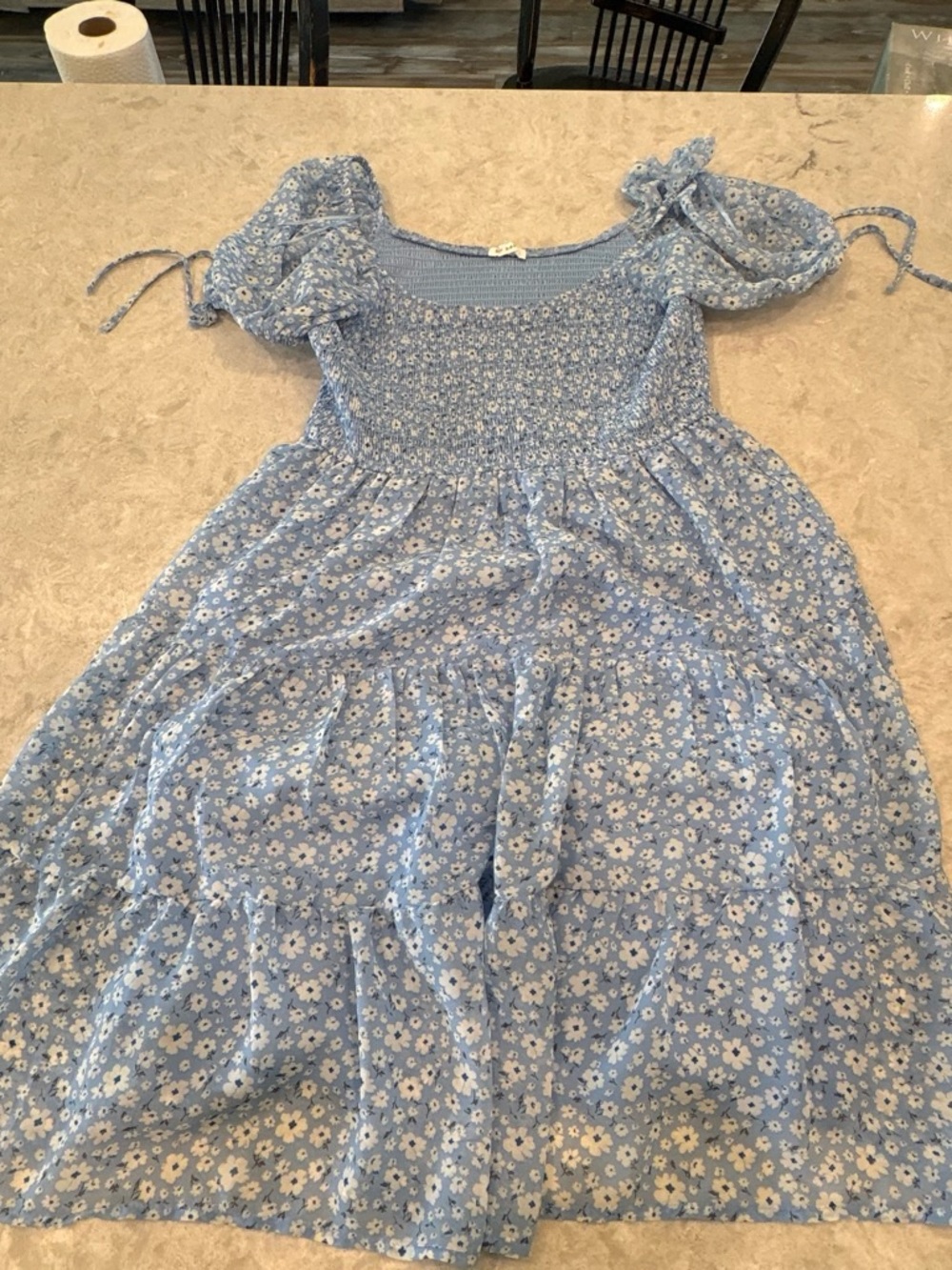 Blu Pepper Blue Floral Smocked Puff Sleeve Dress